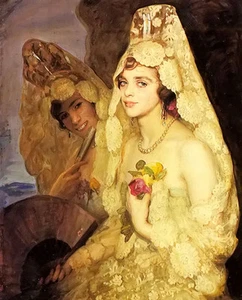 Oil painting pedro antonio - two elegant ladies holding fans free shipping cost - Picture 1 of 1