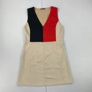 ZARA Dress Medium Beige Black Red Womens Knee Length V Neck Faux Suede - Picture 1 of 10