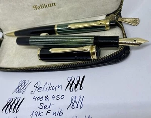 MINT 1954 PELIKAN 400 & 450 GREEN STRIATED Fountain Pen Set- 14k F Nib- Restored - Picture 1 of 24