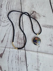 Vintage Chinese Floral Cloisonne Enamel Pendant Necklace Navy Blue - Picture 1 of 7