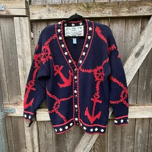VTG blue V-neck Cardigan SWEATER red USA navy anchor CAMBRIDGE Dry Goods Small - Picture 1 of 4
