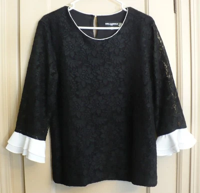 Vintage Karl Lagerfeld Black Lace Ruffle Sleeve Top - Size Large - Image 1 of 4