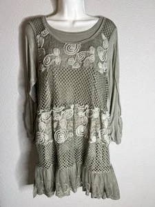 Indigo Thread Co. grün Rollriegel Shirt Größe Large Spitzenbesatz Waffelstrick Boho - Bild 1 von 7