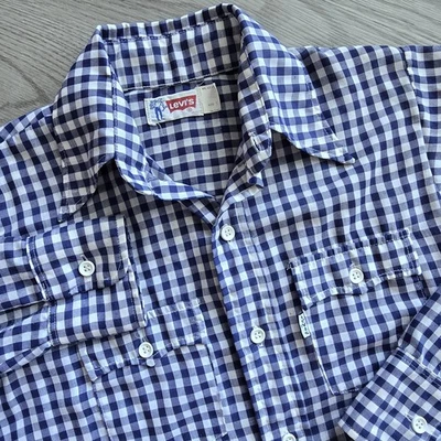 Vintage 70s Levis Gingham Plaid Shirt Mens Small Button Up White Tab Gingham - Image 1 of 4
