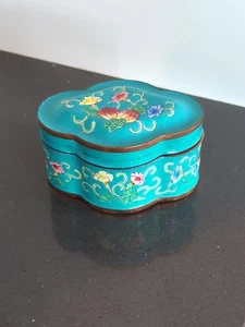 Vintage Floral Cloisonne Schmuckschatulle Teal Blumen M60 - Bild 1 von 7