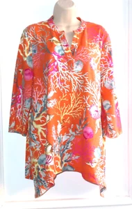Chico’s Slub Strick Split Neck 3/4-Arm Tunika, orange Unterwasser Print, 2 (12-14) - Bild 1 von 3