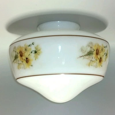 White Glass Ceiling Light Globe Hand Painted Sunflower Floral 3.75" Hanging Fit - Image 1 of 4