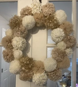 Cupcakes And Cashmere Christmas Wreath- Neutral And Gold Pom Pom Wreath - Picture 1 of 4