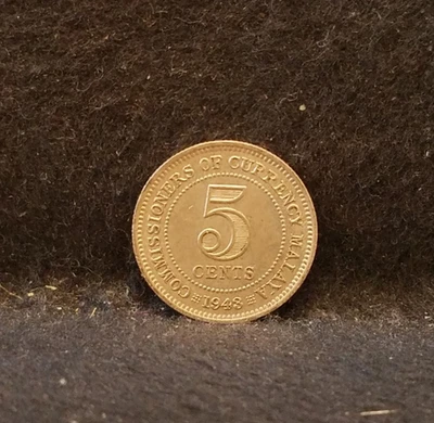 1943 British Malaya silver 5 cents, Royal Mint, George VI, CH aUNC, KM-3a (MA3) - Image 1 of 4
