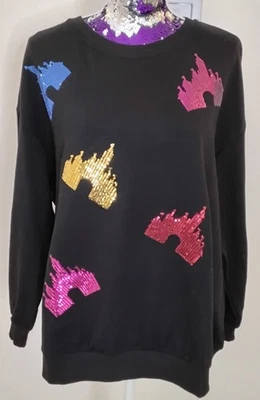 Pulôver de lantejoulas Disney novo sem etiquetas castelo multicolorido tamanho GG - Imagem 1 de 4