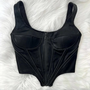 Maniere de Voir - Black faux leather padded corset cropped zip top, sz 6  - Picture 1 of 9
