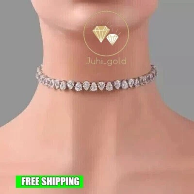 Gorgeous Choker Necklace 13CT Pear Simulated Diamond 15'' 14K White Gold Plated - Image 1 of 4