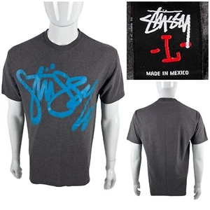 Stussy Mens Large Shirt Spellout Logo Gray Vintage Short Sleeve Made In Mexico - Picture 1 of 11