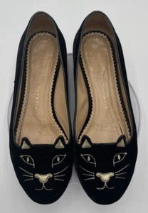 CHARLOTTE OLYMPIA WOMEN'S CAT FACE BALLET FLAT VELVET SHOES BLACK 37 - Picture 1 of 6