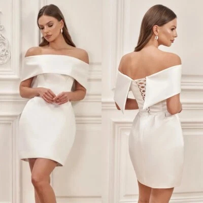 Elegantes Mini Vestidos de Novia Cortos Línea A Sin Tirantes Espalda Sin Espalda Satén Foto 1 de 4