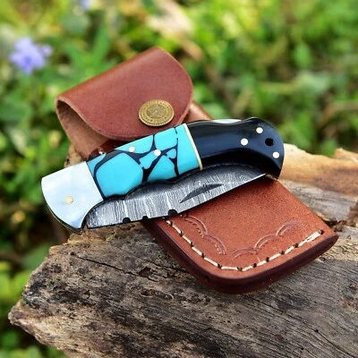 Cuchillo de Bolsillo Damasco Camping Caza Supervivencia Deportes Rescate Hoja Plegable Foto 1 de 4