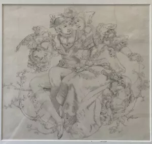 Killy Sch. (European/Austrian 1880s) Large Drawing of Courting Fantasy Couple - Picture 1 of 10