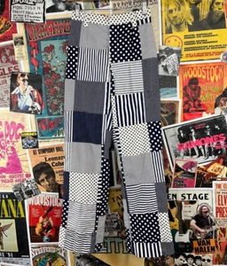 Vtg 60s-70s Blue White Patchwork Print Stars Polka Stripe Lady Albert Pants XS - Picture 1 of 11