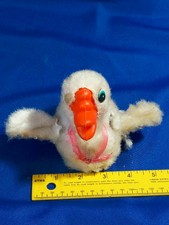 1960s Wind Up Toy Duck Bird Wheels Flapping Wings Mohair Fur Japan VTG Old