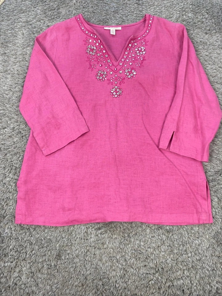JM коллекции Топ женщин 8 жевательная резинка розовый льняной блестки V шеи 3/4 рукав туника - Изображение 1 из 4