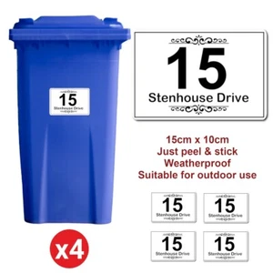 4 x Wheelie Bin Stickers Personalised House Numbers Road Street Name Vinyl Sign - Picture 1 of 4