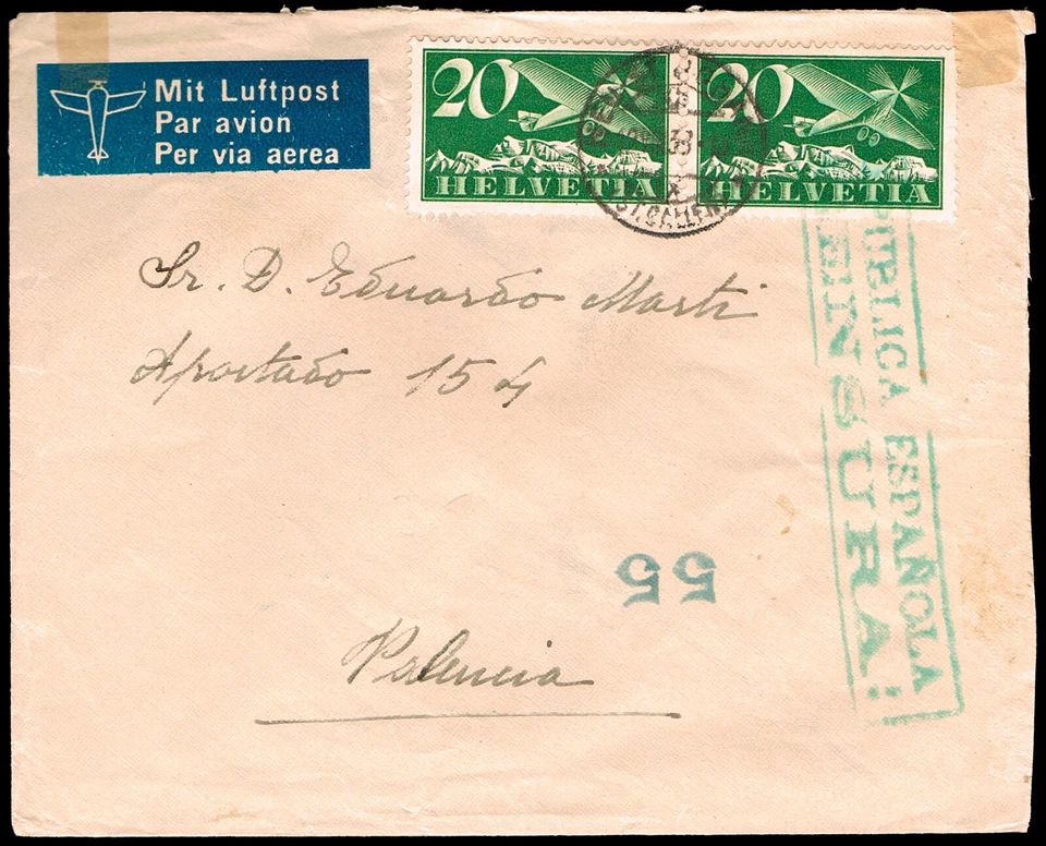 Suiza - Yv o A4(2) - 1937 - Carta correo aéreo de San Galo a Valencia + censura - Imagen 1 de 1