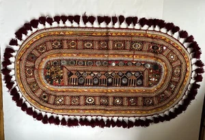 Vtg India MIRROR Paillettes EMBROIDERY RABARI Boho WALL HANGING  37”x19” - Picture 1 of 22