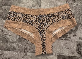NWOT VICTORIA'S SECRET PINK BEIGE LEOPARD RIBBED KNIT FLORAL LACE CHEEKY PANTIES