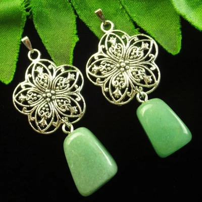 2 piezas colgante de flor de plata tibetana y trapecio aventurina verde H93286 Foto 1 de 2