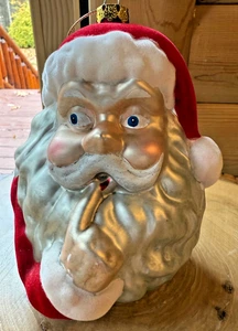 Modern Vintage  Glass Red Flocked Hat Large 6.5” SANTA HEAD Christmas Ornament - Picture 1 of 6