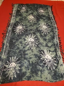 Vintage 90s Green Batik Sun Scarf Head Wrap Aqua Blue Beach Festival - Picture 1 of 6