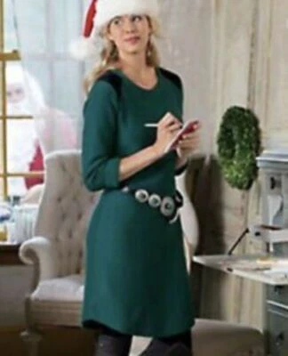 Soft Surroundings Forest Green Pullover Sweater Dress Black Faux Suede Shoulder - Image 1 of 4