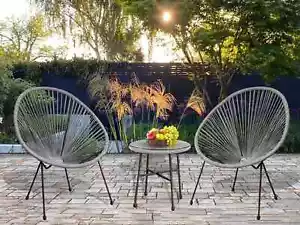 Egg outdoor Rattan Garden Bistro Set 2 Seater Chairs & Table 3pcs String Indoor - Picture 1 of 20