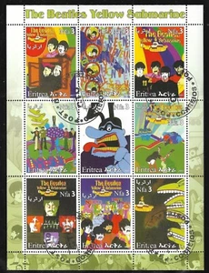 2003 Eritrea Africa The Beatles francobollo sottomarino giallo foglio ricordo film CTO - Foto 1 di 1