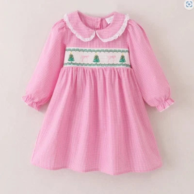 NEW Boutique Christmas Tree Girls Smocked Embroidered Pink Dress - Image 1 of 4