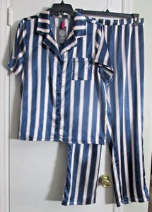 Vince Camuto Dara Sleepwear Set Navy Striped Short Sleeve Button Top Long Pant L - Picture 1 of 10
