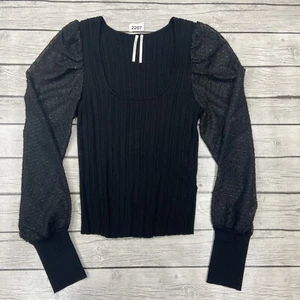 Top Anthropologie talla M negro puré manga globo acanalado elástico Preppy - Imagen 1 de 14