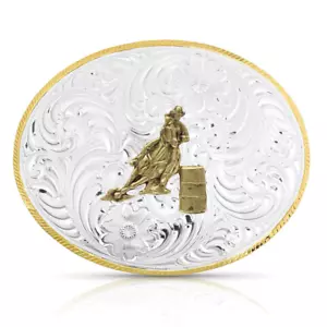 New! Montana Silversmiths Women's TWO-TONE ENGRAVED BELT BUCKLE w/ Barrel racer - Picture 1 of 3