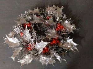 Vela de Navidad de plata vintage anillo plástico bayas de acebo hojas apertura 4,25"" - Imagen 1 de 4