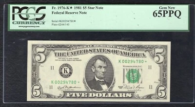 FR.1976-K* 1981 $5 *STAR* FRN FEDERAL RESERVE NOTE DALLAS, TX PCGS GEM UNC-65PPQ - Image 1 of 2