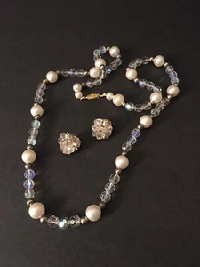 Vgt 50’s Faux Pearl Aurora Borealis Crystal Beaded Japan 28” Necklace & Earrings - Picture 1 of 7