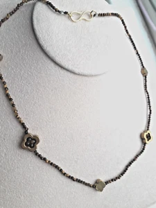 TIGERS EYE CLOVER HEMATITE STATION NECKLACE STERLING 925 SILVER GOLD UNISEX 16" - Picture 1 of 7