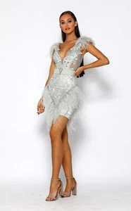 Portia And Scarlett Dress Size 4 Silver Formal Ps2011 Mini Feather RRP $750US - Picture 1 of 10