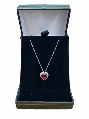 White gold finish heart cut red ruby created diamond necklace free postage - Image 1 of 4