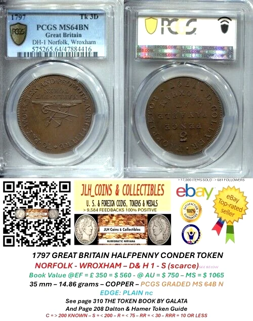 1797 GB Conder Halfpenny - NORFOLK WROXHAM - D & H 1 - PCGS MS 64 - EC 8005 - Image 1 of 4