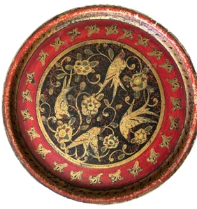 1950s 18" Round Japan Alcohol Proof Paper Mache Tray Red Black Gold Shabby Chic - Picture 1 of 9