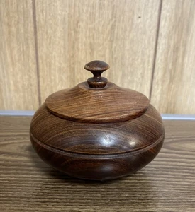 Vintage Turned Wooden Box With Lid Trinket Box Round 4.5" Tall - Picture 1 of 11