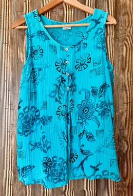 Camiseta sin mangas túnica de gasa de algodón CMC Color Me azul azulado floral hecha en Estados Unidos M Boho Beach Foto 1 de 4