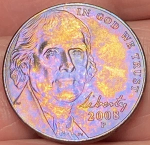 2008-P Jefferson Nickel  Beautifully Lustrous Gold/Rainbow Toned Coin  AU  #6 - Picture 1 of 12