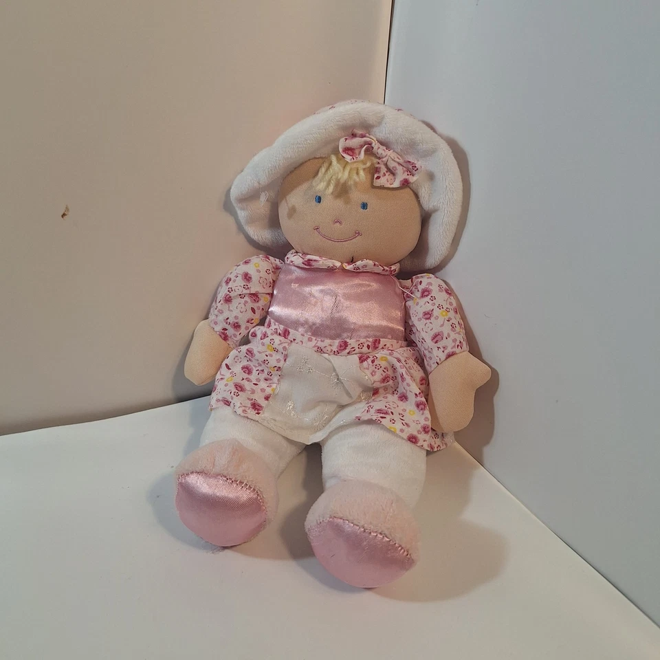 KIDS PREFERRED Blonde Plush DOLLY Blue Eyes Hat Flower Dress Satin 11" Plush - Image 1 of 4